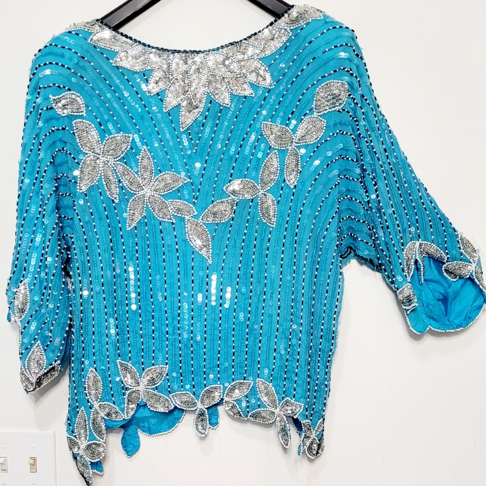 Handmade Vintage women's 100% Silk shirt top beaded blouse heavy made in India